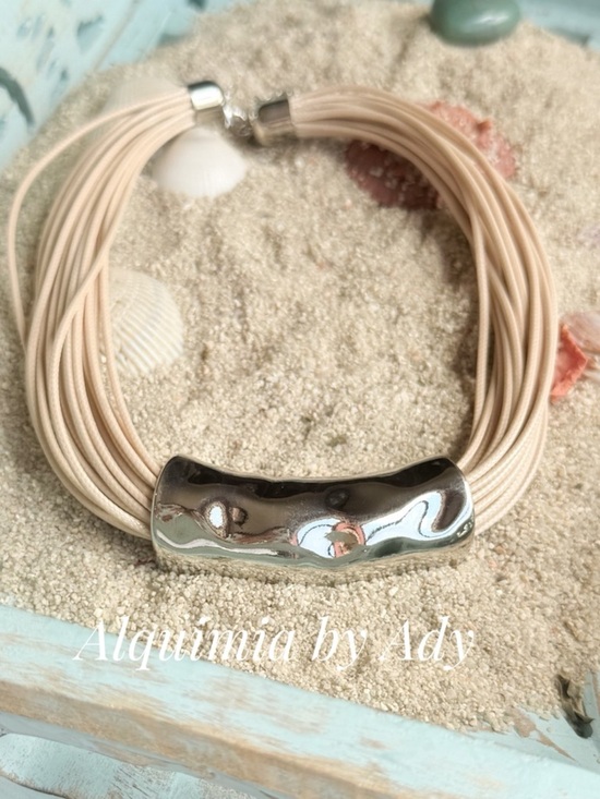 Alquimia Jewelry - CORD GALORE +Cream Multi-Strand Necklace with Silver Curved Tube